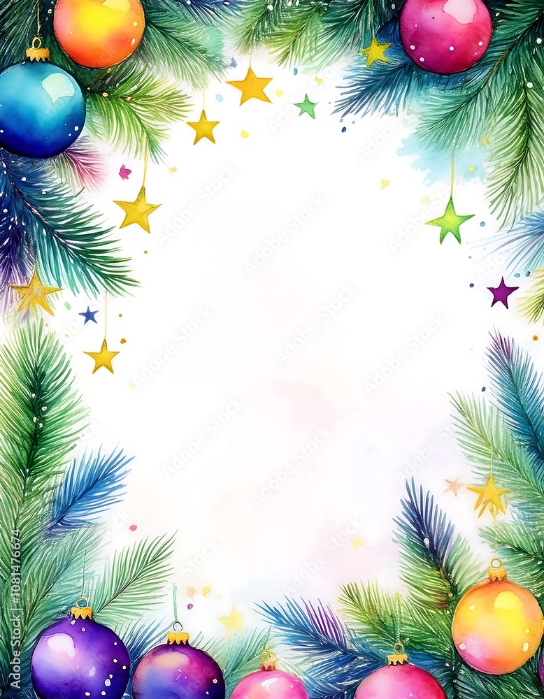 Happy New Year card with watercolor pine branches and colorful Christmas ornaments celebrating the festive spirit. Generative AI Happy New Year card with watercolor pine branches and colorful Christmas ornaments celebrating the festive spirit. Generative AI