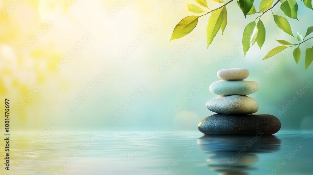 A serene stack of stone on calm water, surrounded by soft light and green leaves. A serene stack of stone on calm water, surrounded by soft light and green leaves.
