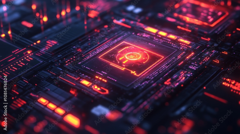 Close-up of a glowing red CPU processor on a circuit board with digital lines and circuitry. Close-up of a glowing red CPU processor on a circuit board with digital lines and circuitry.