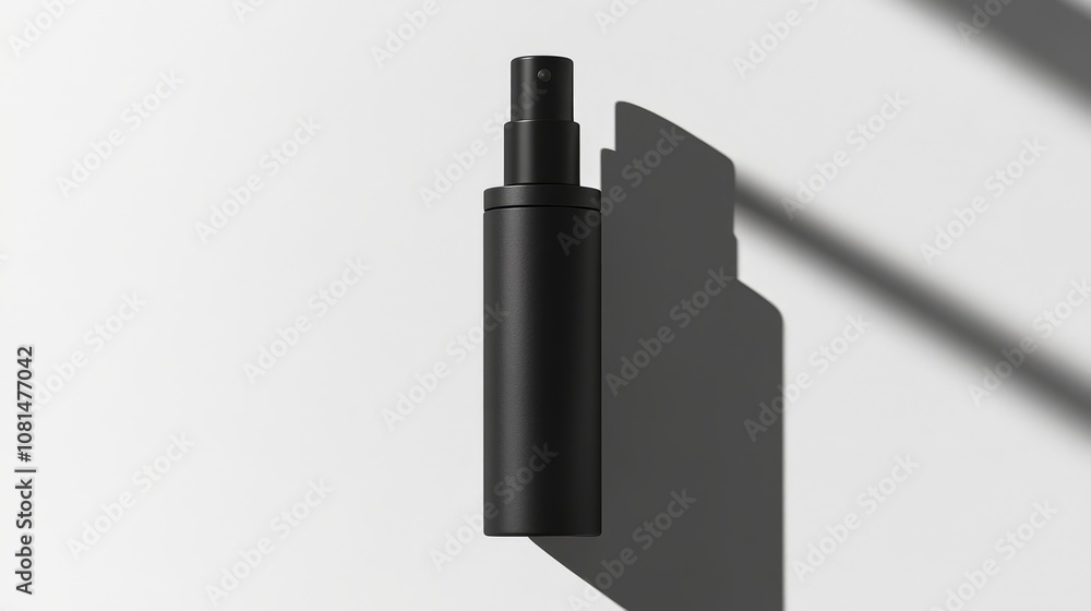 A sleek black spray bottle casting a shadow on a light surface, suggesting a minimalist design. A sleek black spray bottle casting a shadow on a light surface, suggesting a minimalist design.