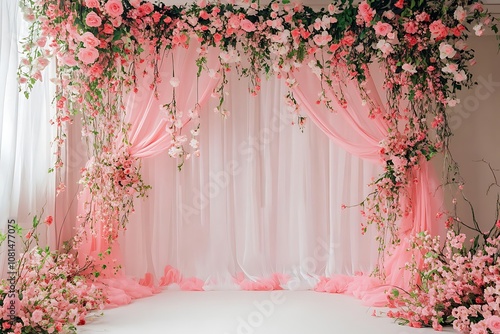 Pink floral backdrop with pink curtains and flowers, pink floor, white background