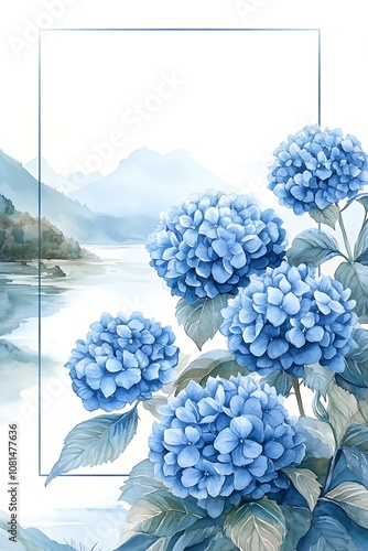 Serenity in bloom a tranquil watercolor landscape featuring vibrant blue hydrangeas against a peaceful lake background