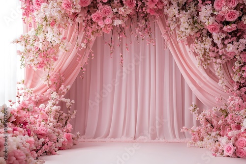 Pink floral backdrop with pink curtains and flowers, pink floor, white background