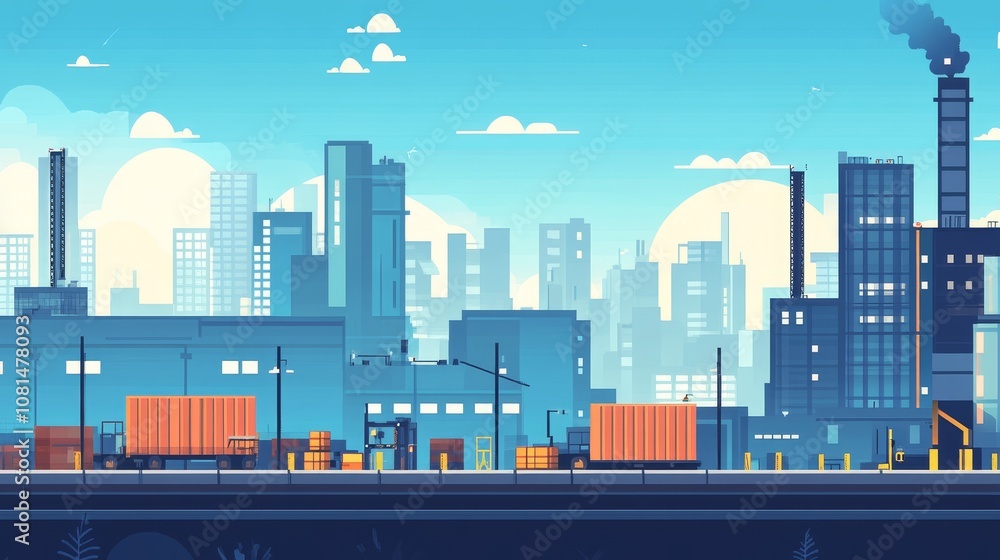 A vibrant industrial scene featuring containers, factories, and a city skyline. A vibrant industrial scene featuring containers, factories, and a city skyline.