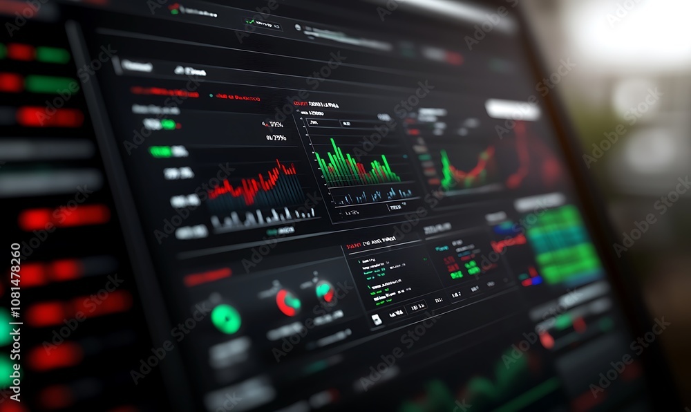 Close-up of a laptop screen displaying a financial dashboard with charts and graphs. Close-up of a laptop screen displaying a financial dashboard with charts and graphs.