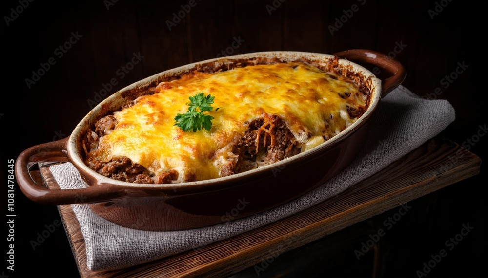 Rich and Hearty Meat Casserole Baked to Perfection with Melted Cheese Topping, Captured in a Dark and Moody Kitchen Setup with a Rustic Casserole Dish Rich and Hearty Meat Casserole Baked to Perfection with Melted Cheese Topping, Captured in a Dark and Moody Kitchen Setup with a Rustic Casserole Dish