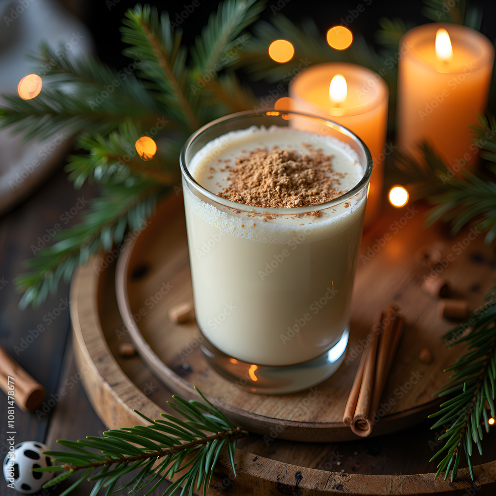 Delightful creamy beverage with cinnamon and candles surrounded by pine for a cozy winter vibe, photography of still life concept. Delightful creamy beverage with cinnamon and candles surrounded by pine for a cozy winter vibe, photography of still life concept.