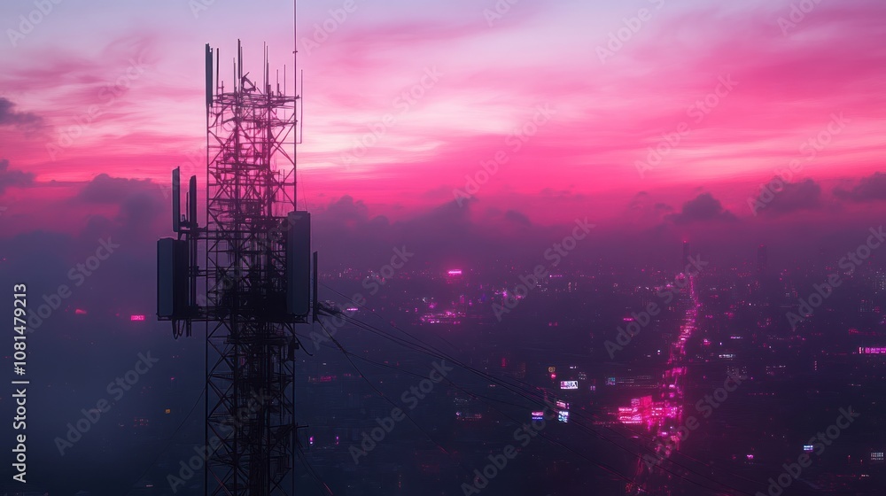 Naklejka premium Pink Sunset Cityscape with Cell Tower