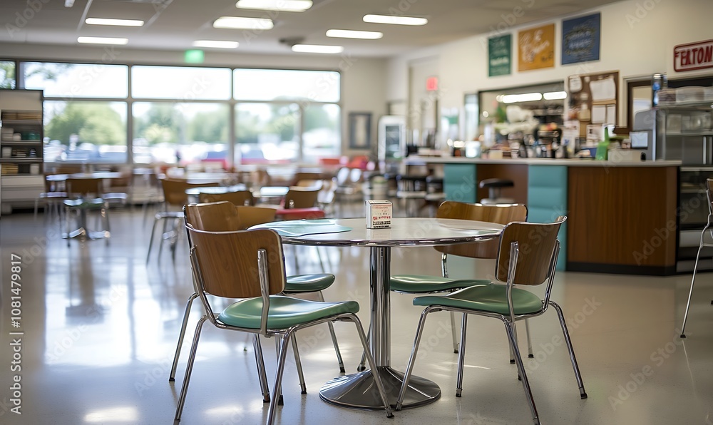 Empty diner with retro chairs and tables, stainless steel counter, and large windows. Empty diner with retro chairs and tables, stainless steel counter, and large windows.