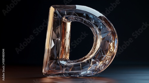 A large letter D sculpted from crystal, sparkling in soft light on a dark background photo