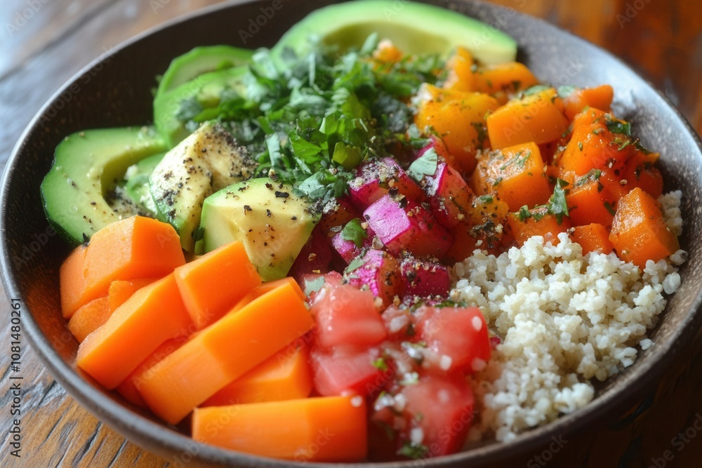 Vibrant vegan salad bowl kitchen table food photography natural light top-down view healthy eating concept Vibrant vegan salad bowl kitchen table food photography natural light top-down view healthy eating concept