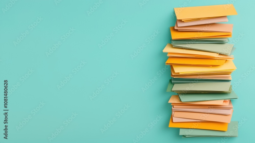 salary annual. A stack of colorful paper strips on a turquoise background, creating a vibrant and organized visual display. salary annual. A stack of colorful paper strips on a turquoise background, creating a vibrant and organized visual display.