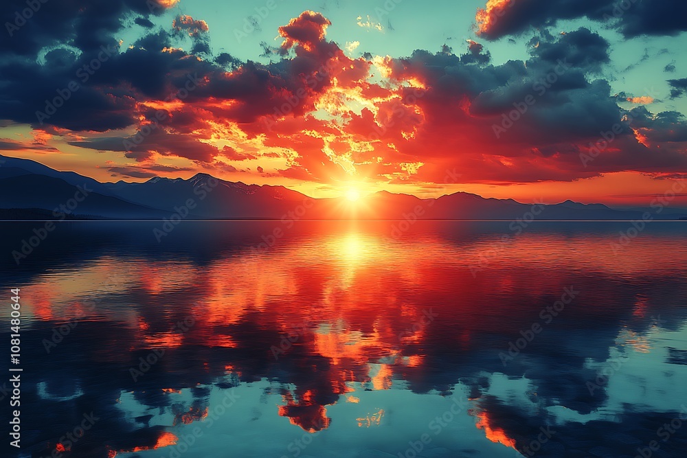 Vibrant orange and red sunset over still lake with mountain silhouette, nature landscape photo Vibrant orange and red sunset over still lake with mountain silhouette, nature landscape photo
