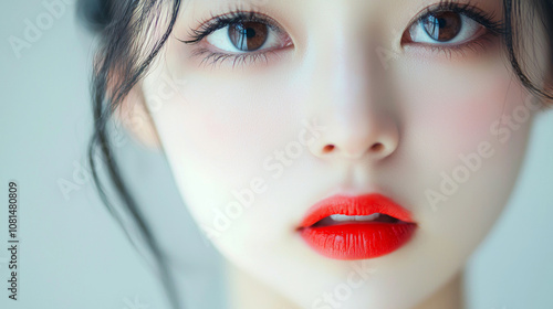 Beautiful young woman with long eyelashes extensions eyeshadow makeup red lips fashion closeup background. cosmetic beauty product spa salon banner poster wallpaper 