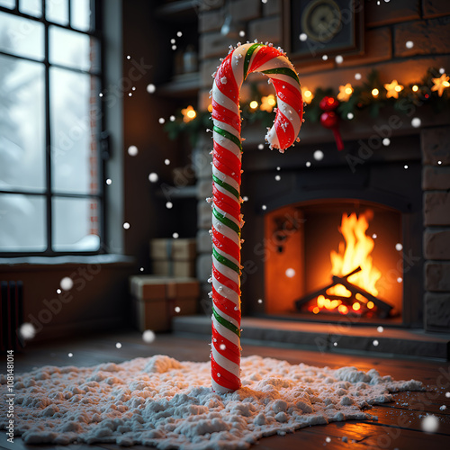 Whimsical candy cane standing in a cozy winter scene with a warm fireplace and snowfall, 3d rendering of holiday theme concept. photo