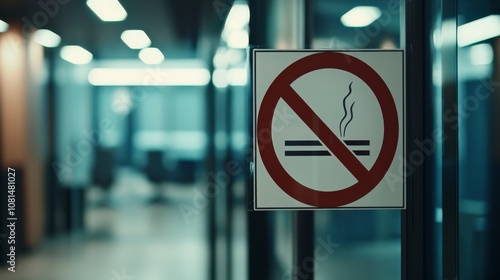 No smoking sign displayed prominently in a modern office hallway during work hours