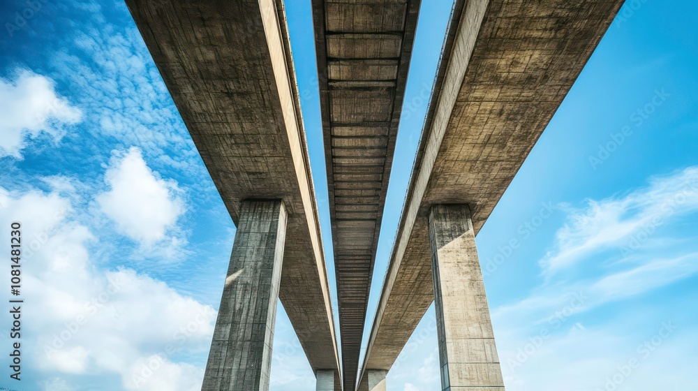 A low angle view of a concrete overpass with three levels against a bright blue sky with white clouds.