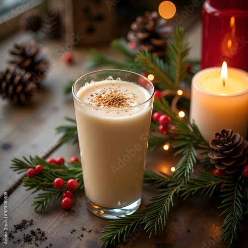 A cozy glass of spiced creamy beverage surrounded by holiday decor and warm glow of a candle, photography of still life concept.