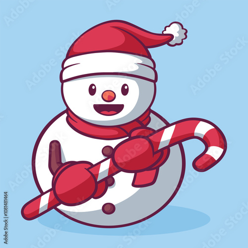 Christmas snowman bring a candy cane cartoon hand drawn illustration