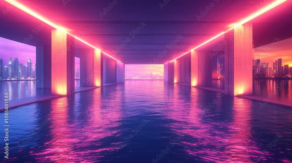 Futuristic neon tunnel with pink and blue lighting, reflecting off water with a city skyline in the background. Futuristic neon tunnel with pink and blue lighting, reflecting off water with a city skyline in the background.