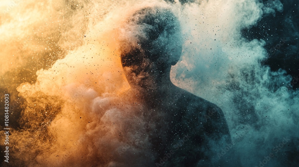 Abstract silhouette engulfed in colored smoke and light Abstract silhouette engulfed in colored smoke and light