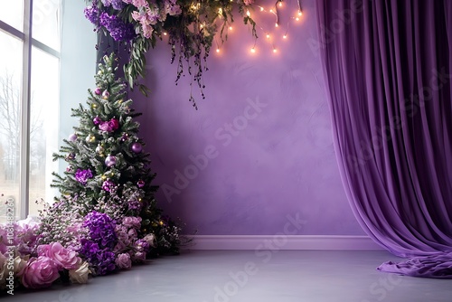 Purple wall with curtain and christmas tree, led lighting and flowers, a purple background for a photo shoot or backdrop
