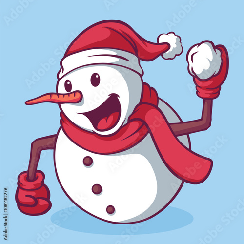 Christmas snowman playing snowball cartoon hand drawn illustration