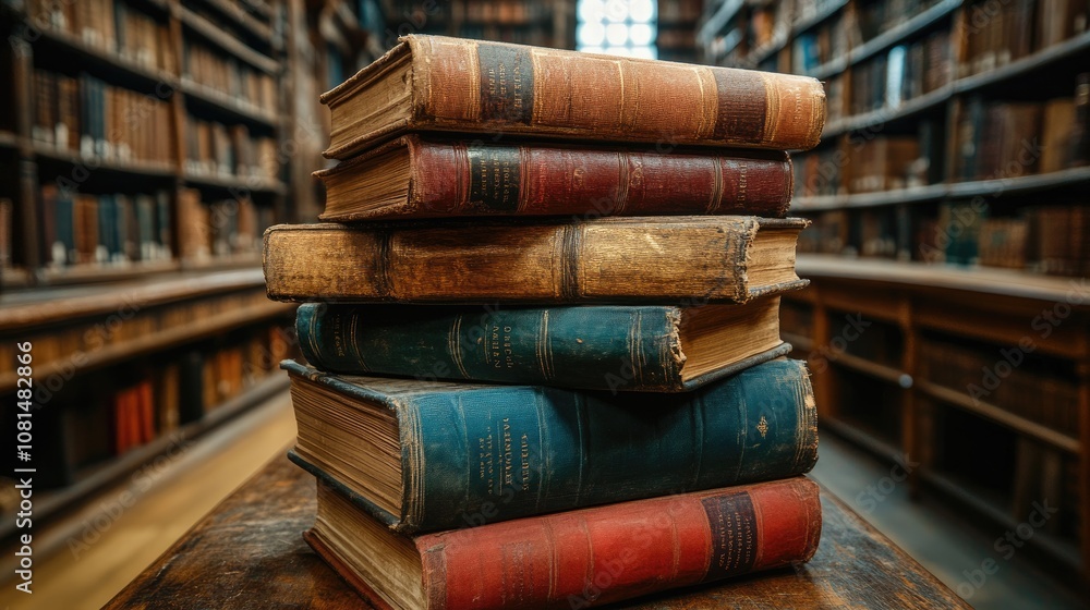 A stack of five leather-bound books lies on a wooden table in the library. The books are old, worn, and slightly out of focus, while the shelves in the background remain in focus. A stack of five leather-bound books lies on a wooden table in the library. The books are old, worn, and slightly out of focus, while the shelves in the background remain in focus.