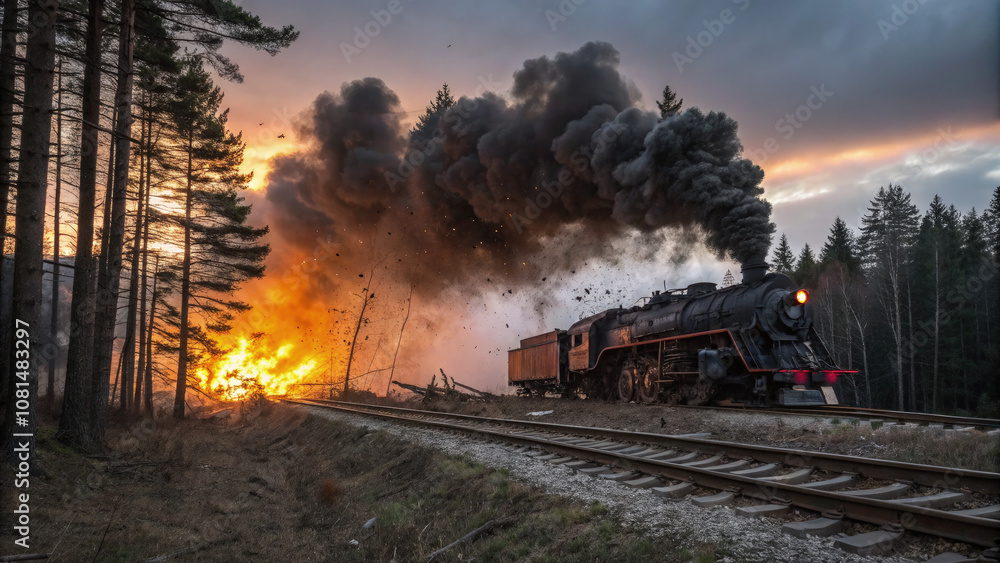 Fototapeta premium Exploding Steam Locomotive on Rural Track, Flames, Debris, Forest, in Eerie Sunset & Stormy Chaos.