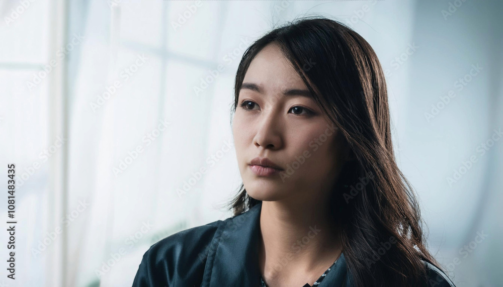 아시안 여성이 무표정을 짓고 있는 모습. 무언가 고민하는 여성의 모습. 아시안 여성이 무표정을 짓고 있는 모습. 무언가 고민하는 여성의 모습.