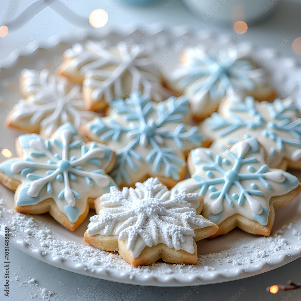 Delicate snowflake cookies decorated with icing on a festive platter, photography of still life concept. Delicate snowflake cookies decorated with icing on a festive platter, photography of still life concept.