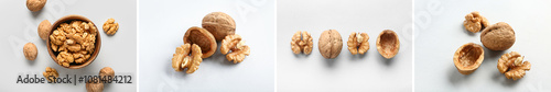 Set of tasty walnuts on light background