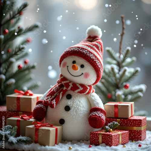 Charming snowman surrounded by festive gifts, creating a warm holiday atmosphere with playful winter cheer, photography of still life concept.