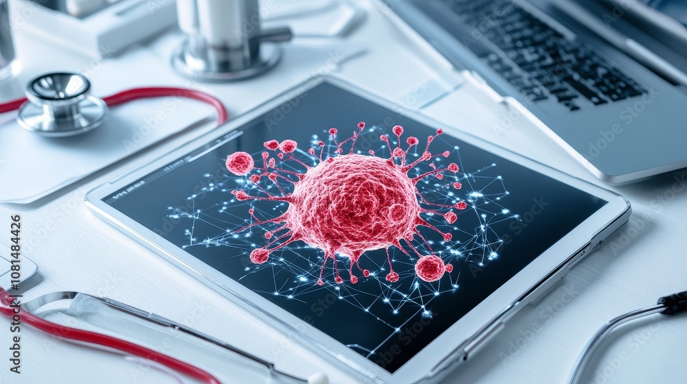 Fototapeta premium Digital Tablet Displays Virus Cell Medical Research Healthcare Technology