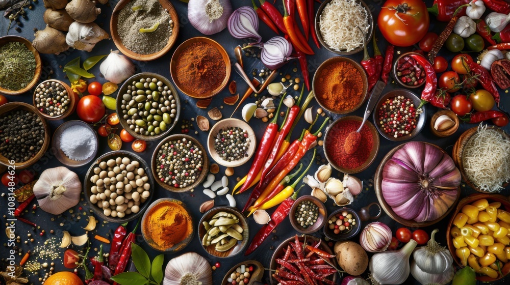 A melting pot of culinary ingredients from around the world, Reflecting the fusion and diversity of global gastronomy, photography style A melting pot of culinary ingredients from around the world, Reflecting the fusion and diversity of global gastronomy, photography style