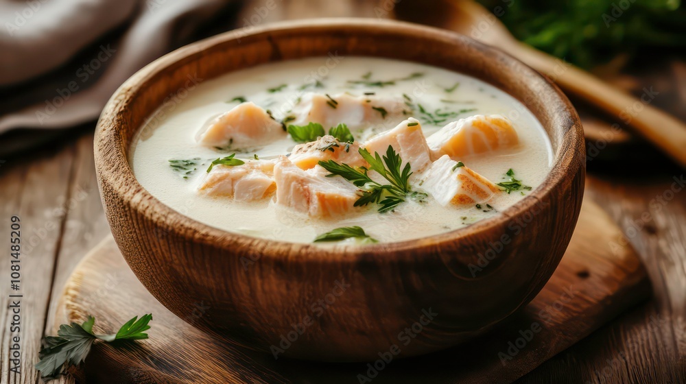Creamy salmon soup in a wooden bowl with fresh parsley on a rustic wooden table. Creamy salmon soup in a wooden bowl with fresh parsley on a rustic wooden table.