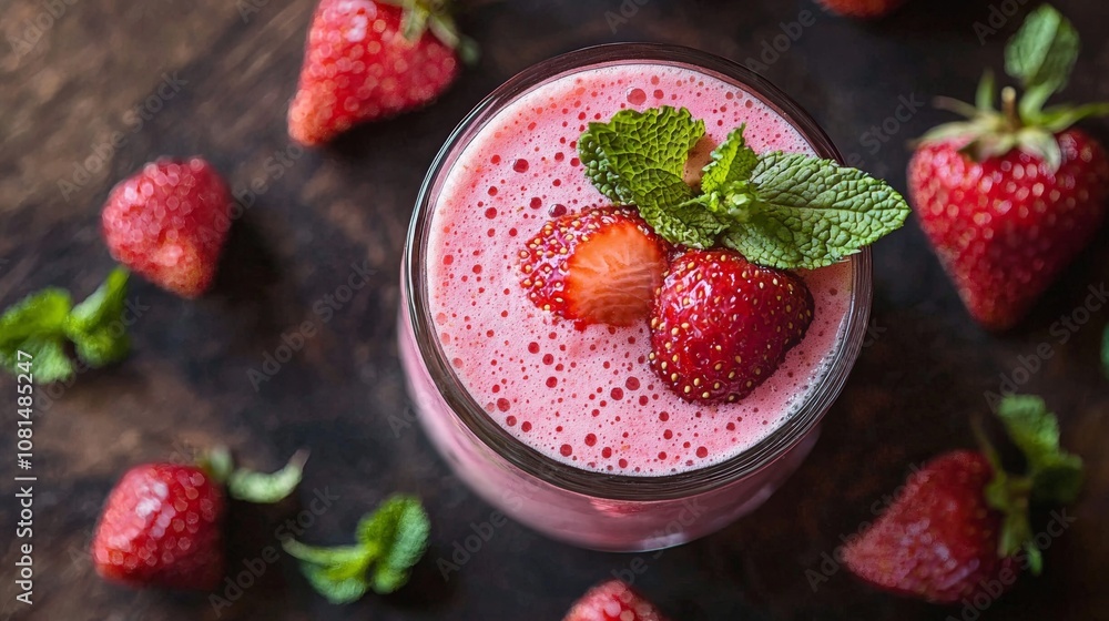 Refreshing strawberry smoothie with mint leaves Refreshing strawberry smoothie with mint leaves