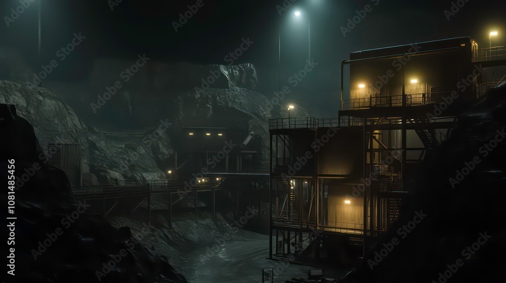 A dimly lit industrial complex with a rugged, rocky landscape. The structures are illuminated by bright lights, casting long shadows across the scene. A dimly lit industrial complex with a rugged, rocky landscape. The structures are illuminated by bright lights, casting long shadows across the scene.