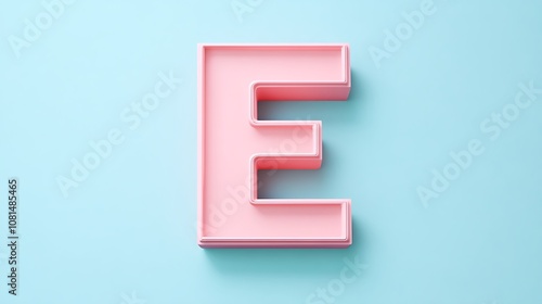 A pastel pink letter E with soft edges, centered on a light blue background