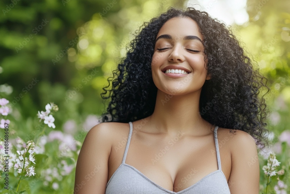 A woman with long curly hair is smiling and looking at the camera A woman with long curly hair is smiling and looking at the camera