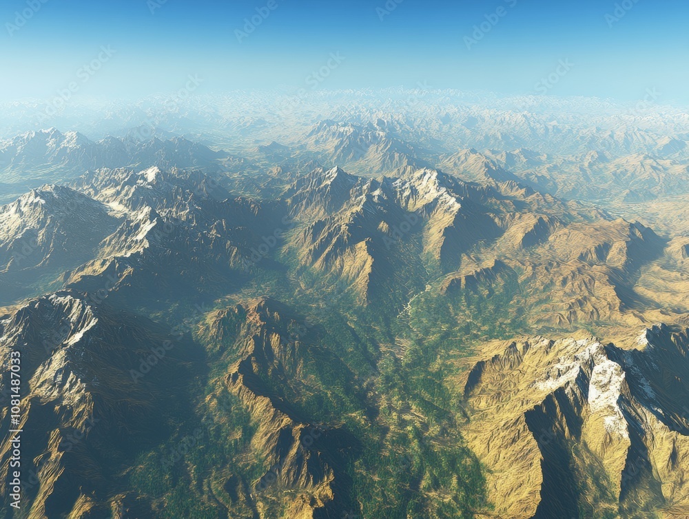 Aerial view of majestic mountain ranges under a clear blue sky. Aerial view of majestic mountain ranges under a clear blue sky.