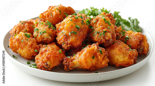 Delicious crispy korean fried chicken wings plate food photography tasty meal gourmet fashion background with copy space. for cuisine dishes restaurant recipe advertising