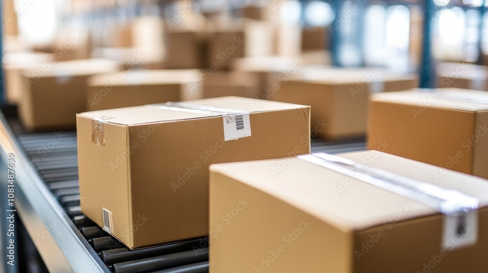 A conveyor belt with stacked cardboard box in a warehouse setting, indicating logistics and distribution. A conveyor belt with stacked cardboard box in a warehouse setting, indicating logistics and distribution.