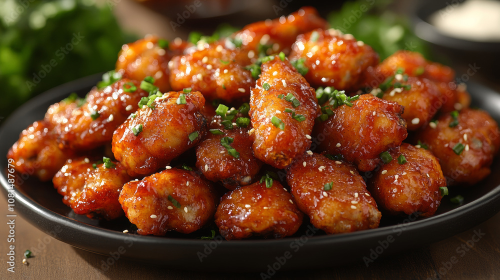 Delicious crispy korean fried chicken wings plate food photography tasty meal gourmet fashion background with copy space. for cuisine dishes restaurant recipe advertising Delicious crispy korean fried chicken wings plate food photography tasty meal gourmet fashion background with copy space. for cuisine dishes restaurant recipe advertising