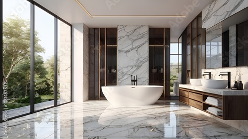 Animation of modern style luxury white bathroom with marble stone 3d render large window natural light into the room photo