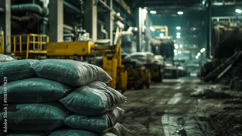 Industrial warehouse interior with stacked bags and machinery in a dimly lit environment. Industrial warehouse interior with stacked bags and machinery in a dimly lit environment.