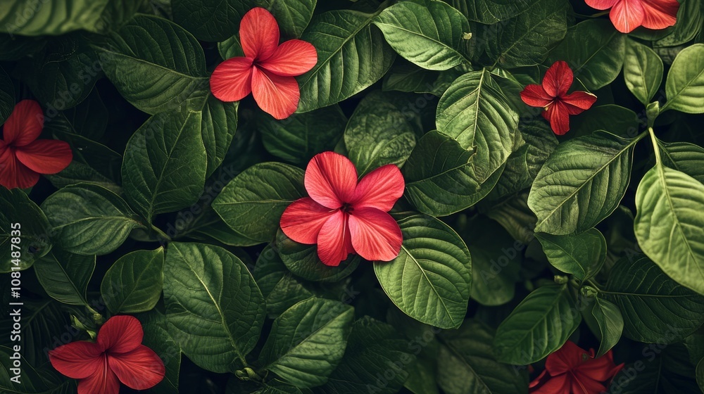 Red flowers amidst lush green leaves Red flowers amidst lush green leaves