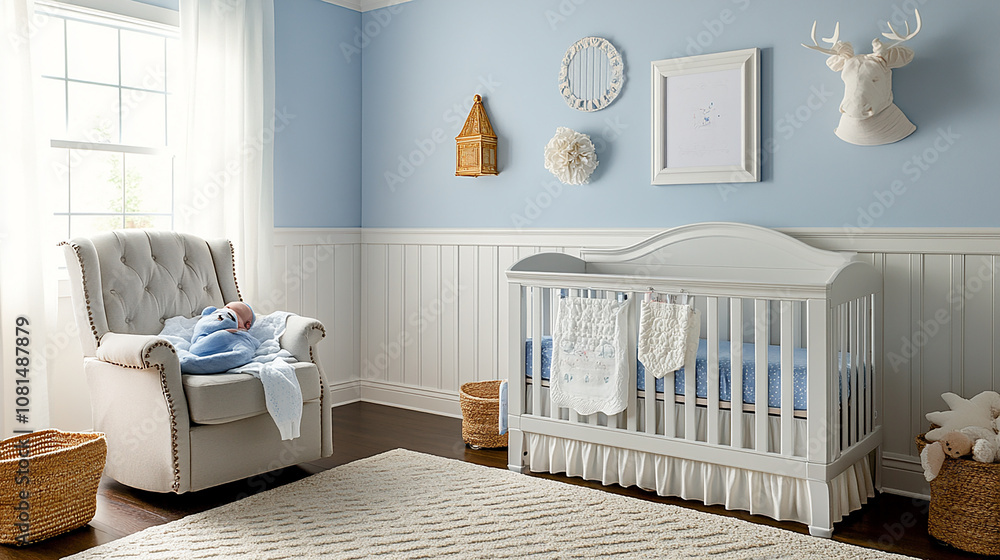 A nursery with a crib, rocking chair, and various decorations, including a deer head, a clock, and a basket. A nursery with a crib, rocking chair, and various decorations, including a deer head, a clock, and a basket.