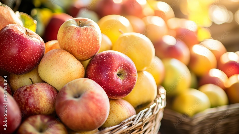 Fresh apples in a basket at a market Fresh apples in a basket at a market