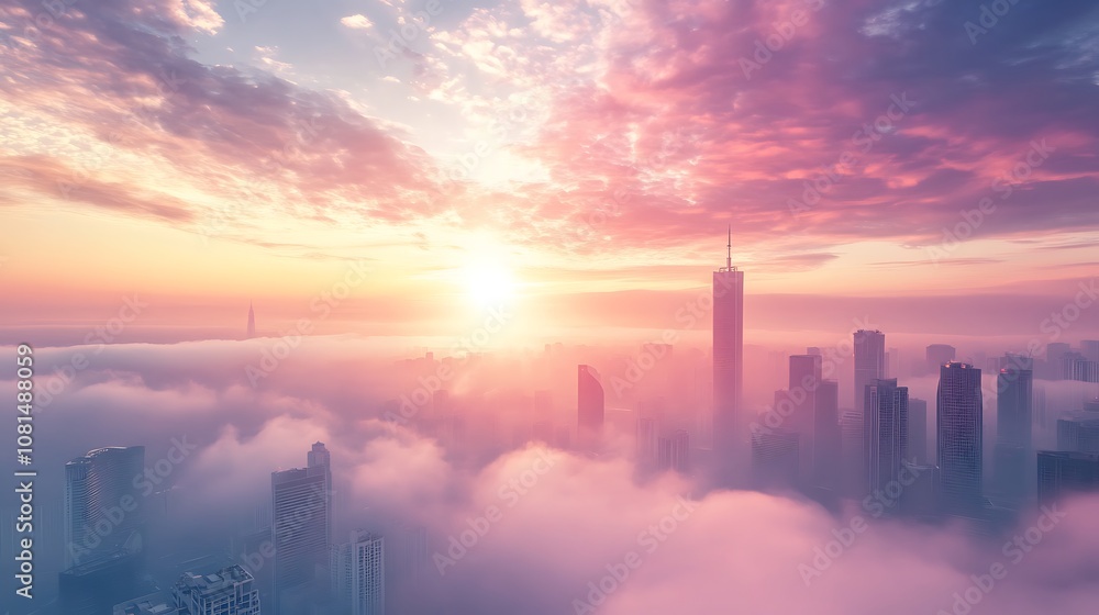 Aerial view of cityscape with sun rising over the clouds, soft light and pastel colors Aerial view of cityscape with sun rising over the clouds, soft light and pastel colors